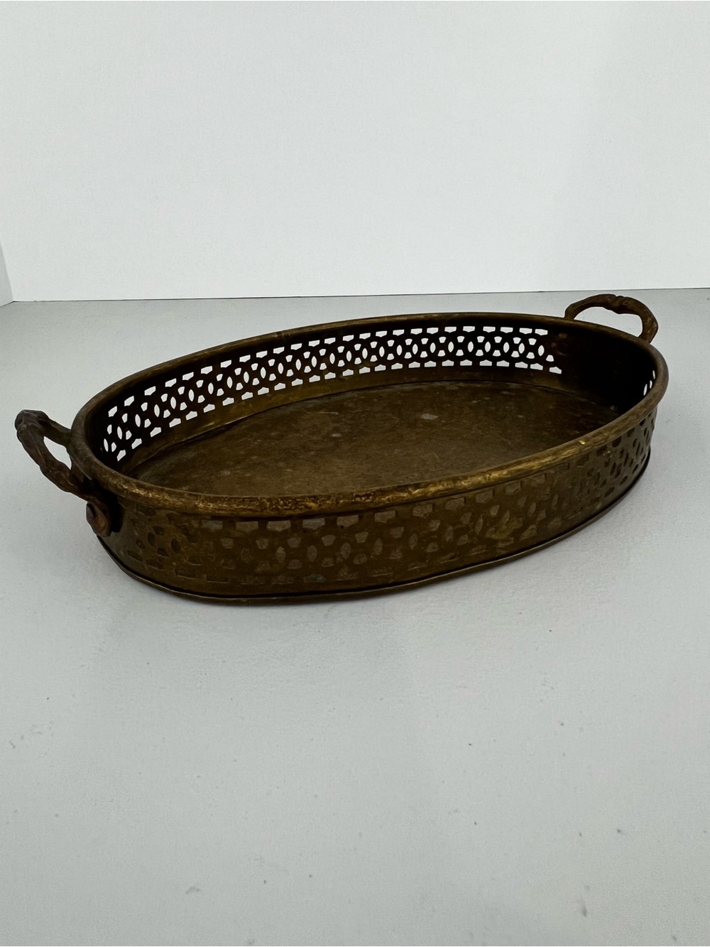 Vintage Indian Pierced Brass Gallery Vanity Tray with Handles